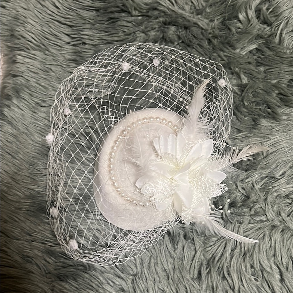 White Birdcage Veil Hat with Floral Accent